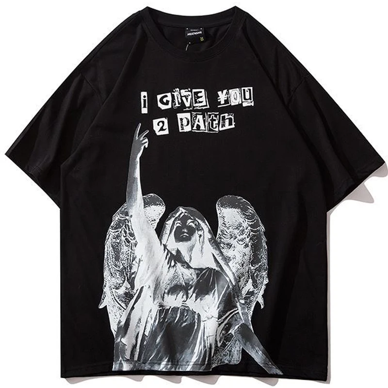 

New Men Angel Wings Printing T-Shirt Woman Basic Cartoon Oversized Short Sleeve Couple Bottoming Shirt Best Seller Summer 2021
