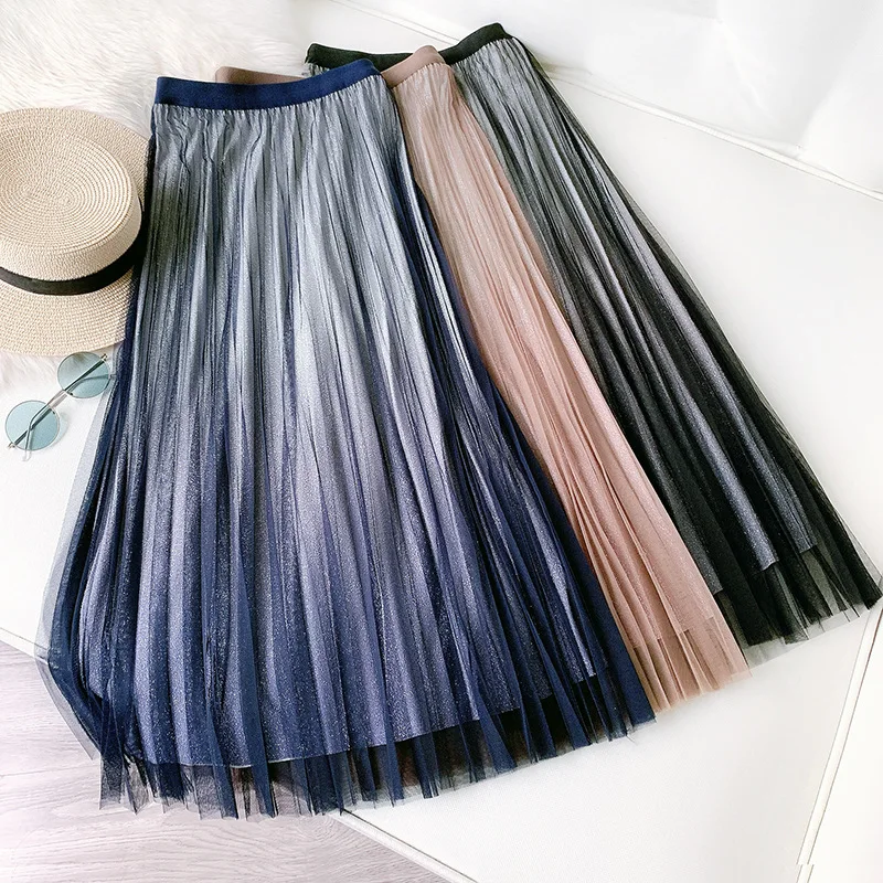 

2021 New Spring Elegant Shinny Galaxy Womens Skirts Gradient High Waist Slim Pleated Chic Skirt for Women Femme Jupes
