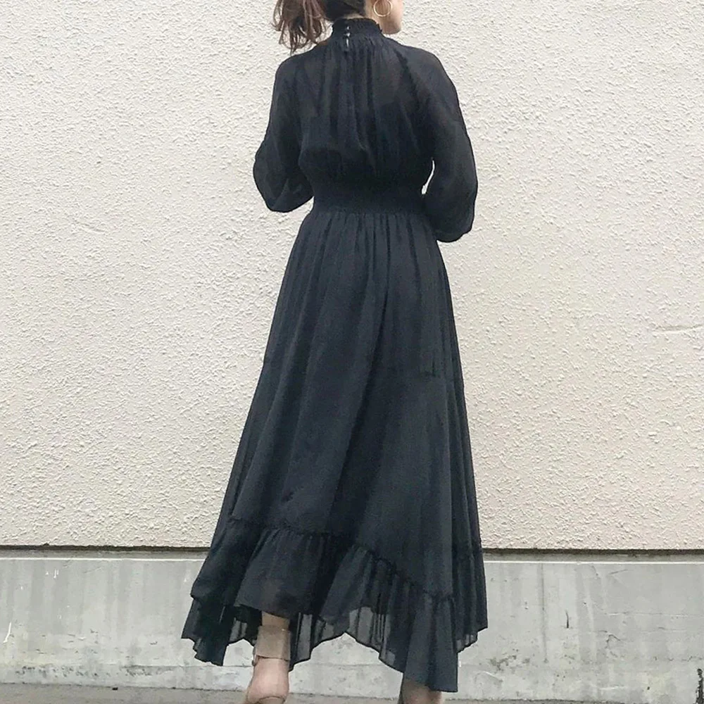 

2021 New Black Dress Elegant Korean Fashion Women One Piece Long Sleeve High Waist Tunic Vestido Ladies Ruffle Long Maxi Dresses