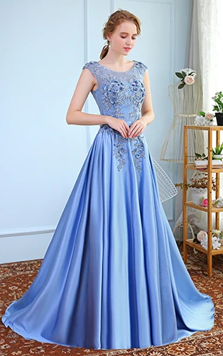 grey blue Женское атласное вечернее платье SSYFashion, роскошное длинное бальное платье без рукавов, с цветочным кружевом и бисером, банкетное платье для свадебных торжеств и выпускных вечеринок - Цвет: grey blue