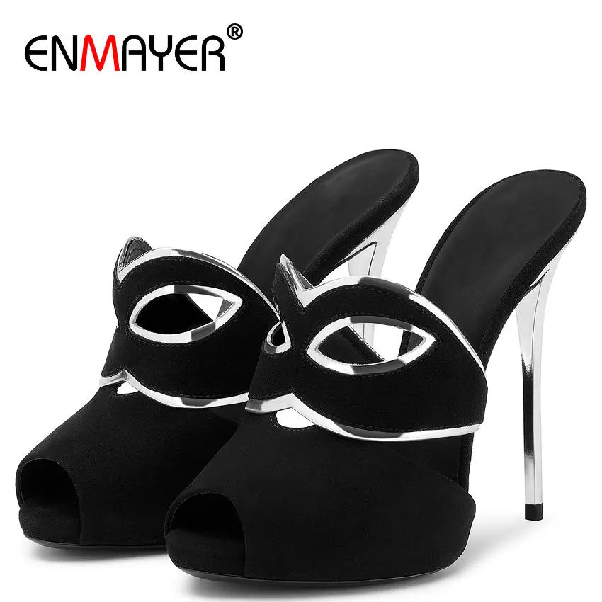 

ENMAYER Women Shoes Flock Fashion Solid Summer Sexy Thin High Heels Outside Women Slippers Platform Microfiber Slippers Women