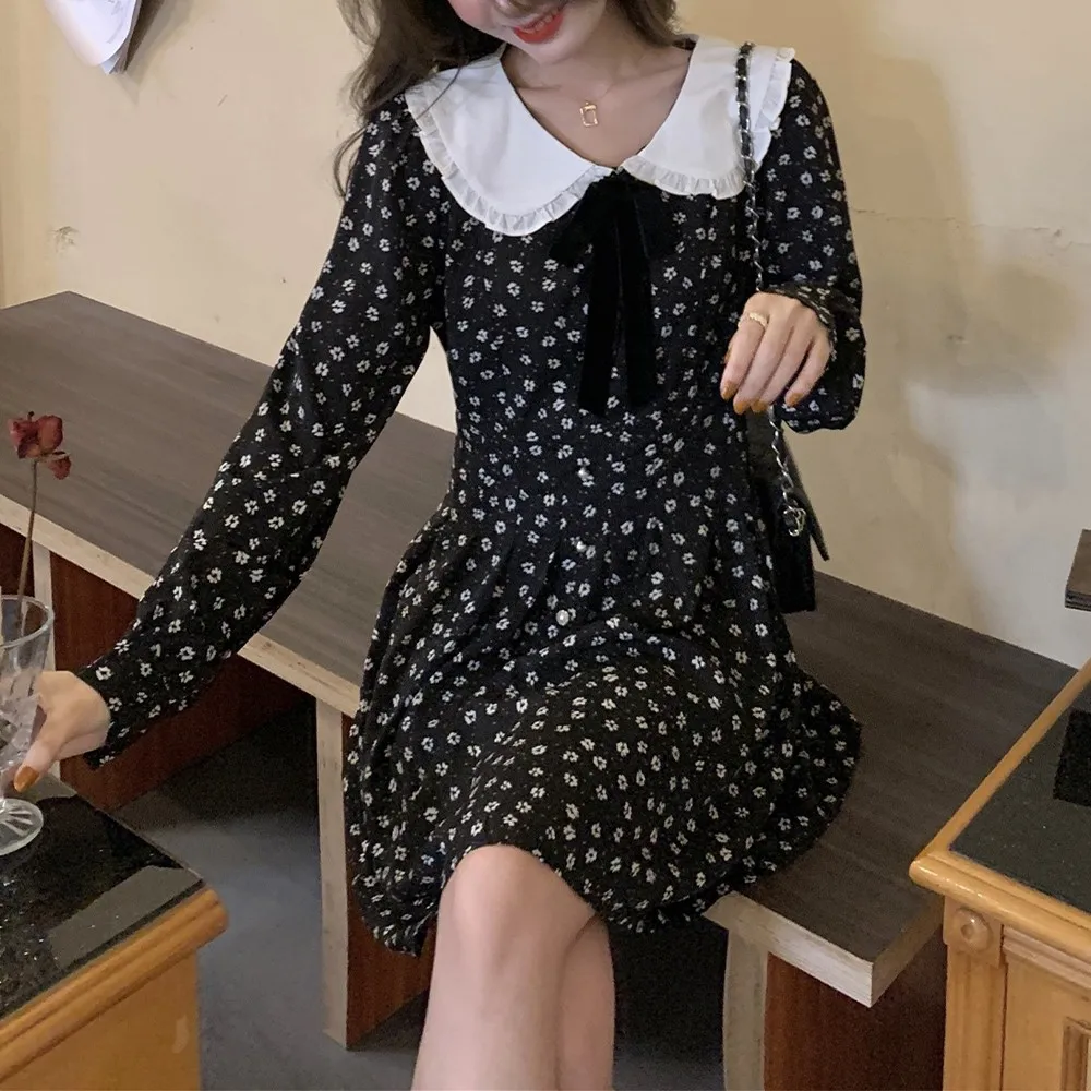 

Women Floral Print Peter Pan Collar Mini Dress Elegant Long Sleeve High Quality Korean Sweet A Line Black Holiday Tea Dress