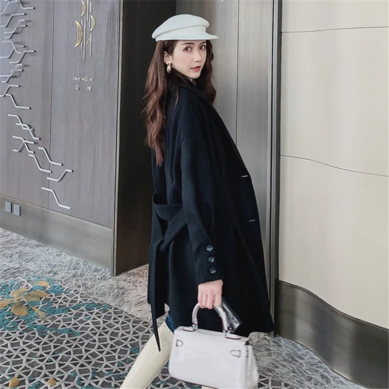 

Women Woolen Coat Mid-Long Suit Collar Double-Breasted Belt Large Size Jacket Autumn Winter Fashion Leisure Woolen Outerwear A10