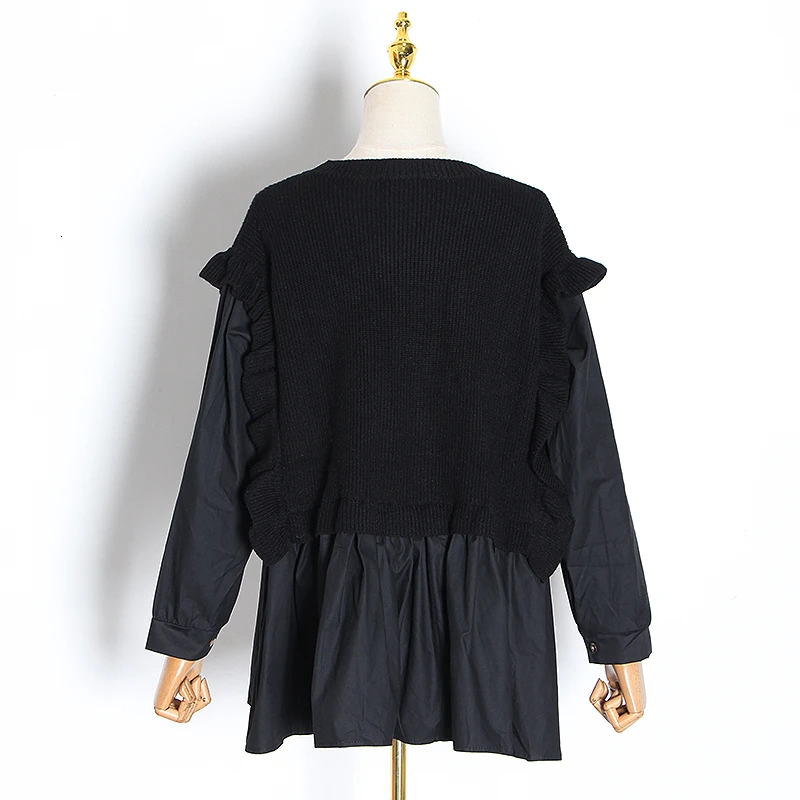 TWOTWINSTYLE Повседневный лоскутный женский свитер с рюшами круглый вырез длинный