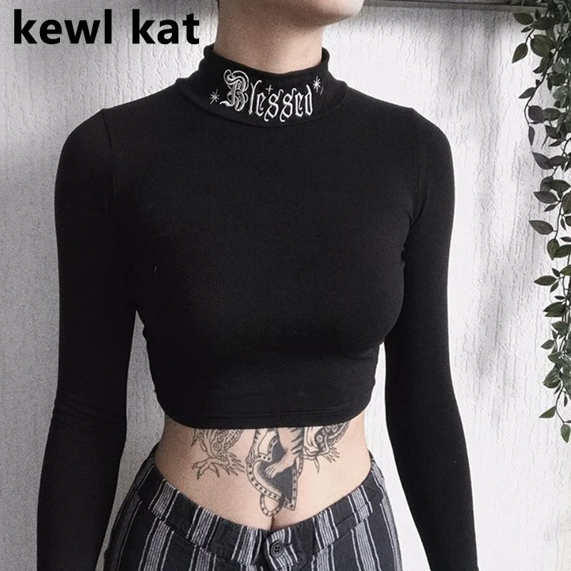 

Embroidery Letter Turtleneck Basic Tops Gothic T shirts Women Black Long Sleeve Crop Tops Harajuku Solid Tops Female Streetwear