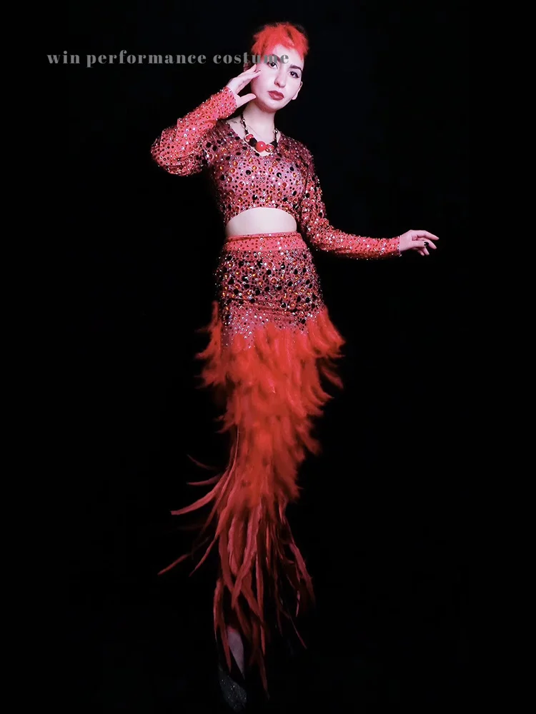 Красный сексуальный танцевальный костюм с блестками для сцены 2 предмета перо