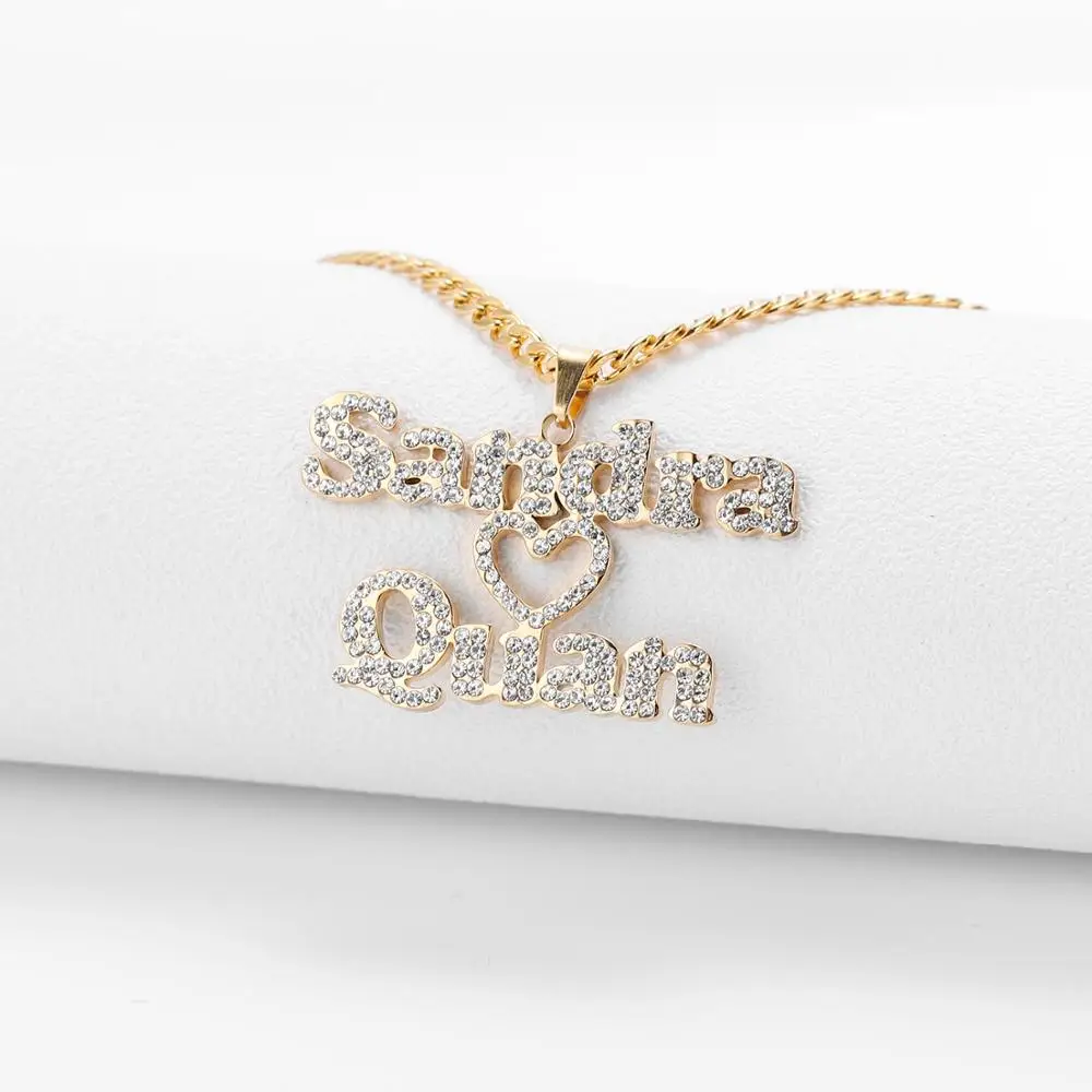 

Customized Cubic Zirconia Double Name Necklace Personalized Iced Out Heart Nameplate Necklace Thick Chain Hip Hop Jewelry