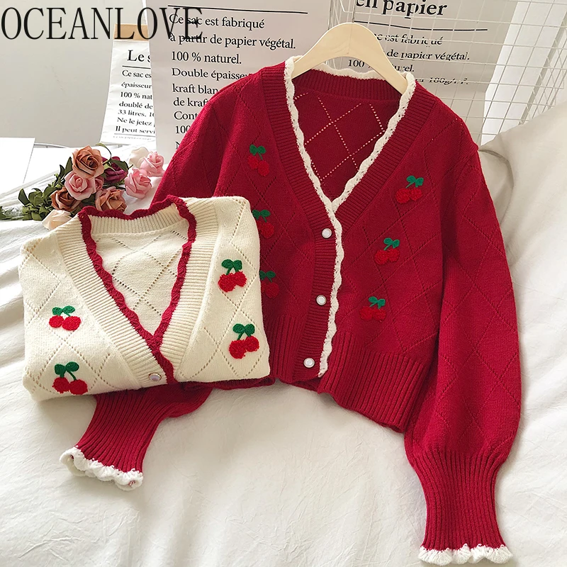 

OCEANLOVE Embroidered Cardigans Knit Wear Sweet Puff Sleeve Short Mujer Chaqueta Autum Winter V Neck Cherry Sweaters Women 18958