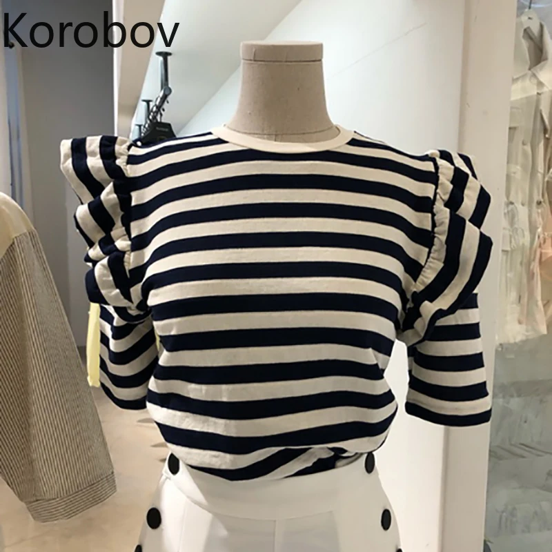 Футболка Korobov Женская в Корейском стиле винтажная рубашка полоску с круглым