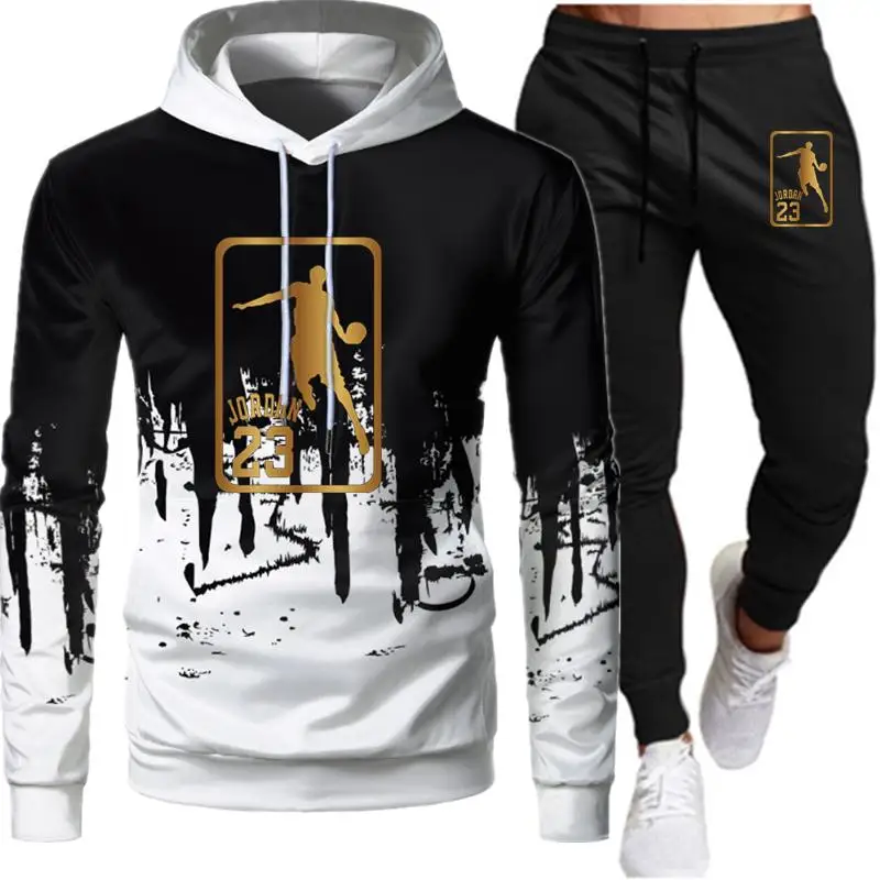 

Trendy Cool Men's Hoodie Suit Fashion Fall 2021 Brand Casual Sportswear Men's Suit Sports Two Piece Patchwork Hoodie Pants