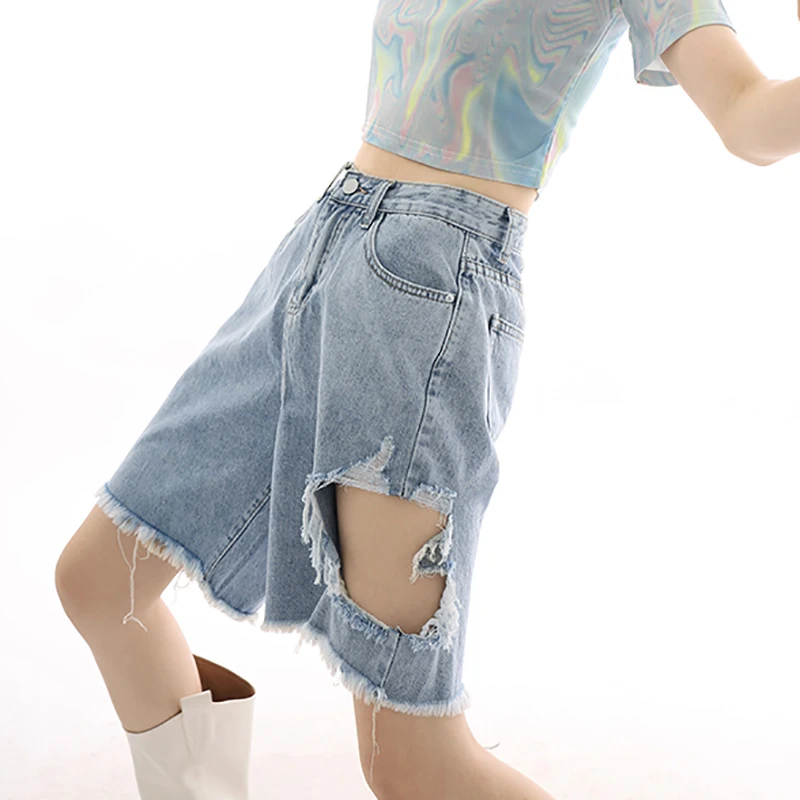 

SHENGPALAE Solid Color Hole Short Jeans Women's Summer 2021 New High Wiast Loose Straight Thin Streetwear Denim Shorts Fenale