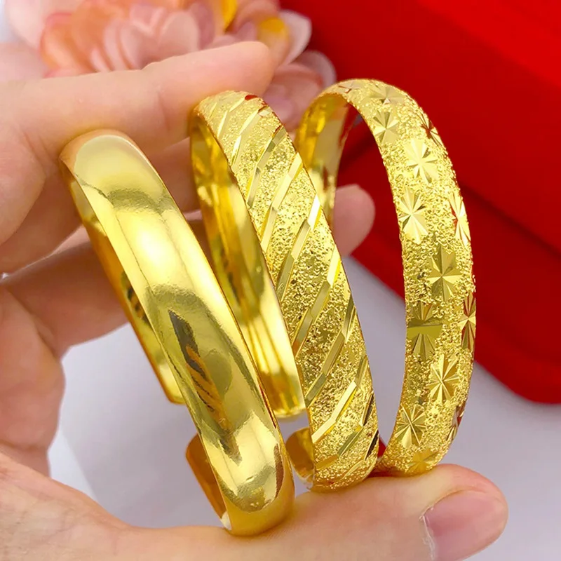 

Dropshipping Brass 24k Gold Plated Bangle Dubai Alluvial Gold Engagement Jewelry Girls African Bride Women Wedding Cuff Bracelet