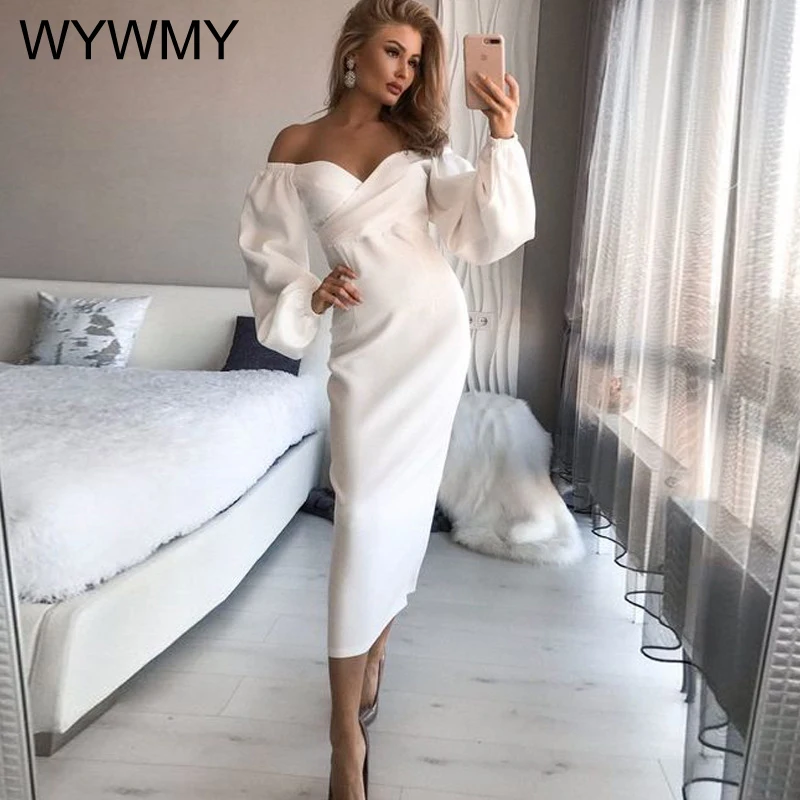 

WYWMY Summer New Women's Sexy Dress V-neck Raglan Sleeve Midi Dress Female White Qualities Wrap Breast Party Dress Pencil Dress