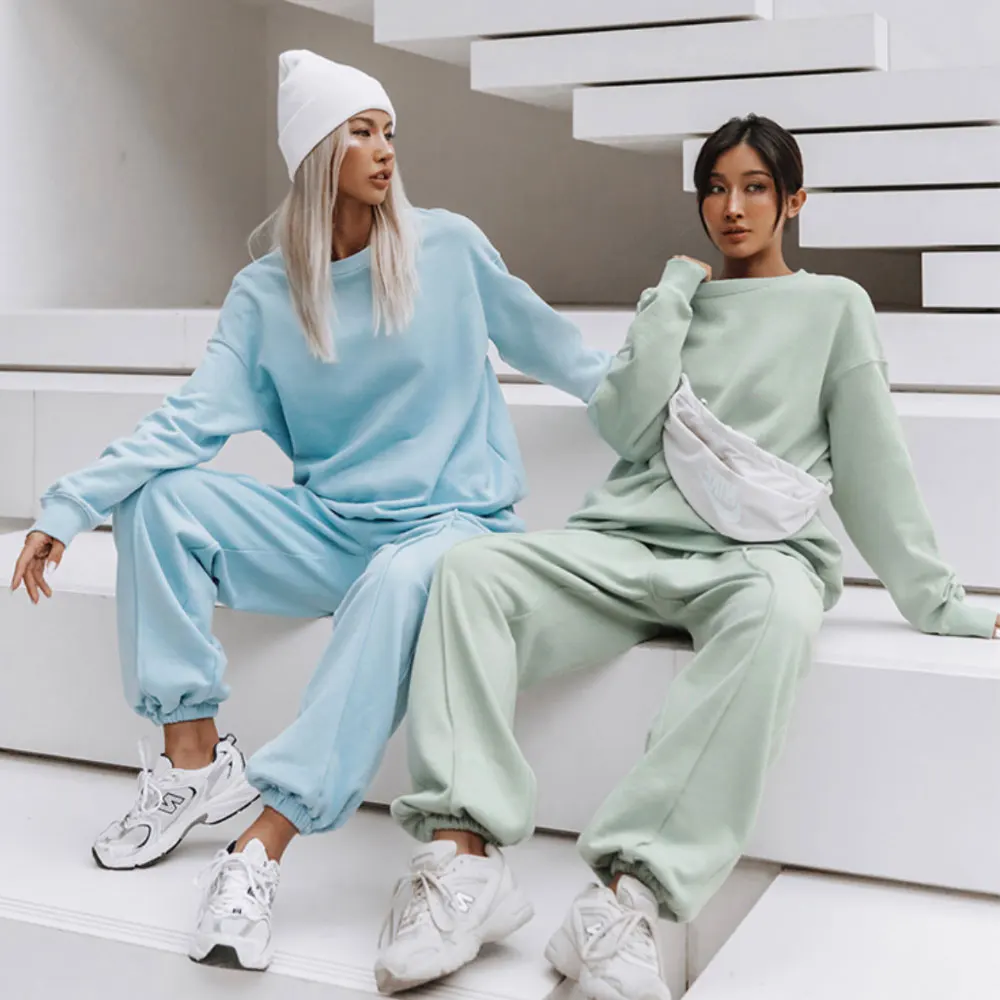 

ZOTTSOZ Sports Casual Sweatshirts Suits Two Pieces Women 2021 Solid Color Pullovers Sweatpants Harajuku Streetwear Loose Suits