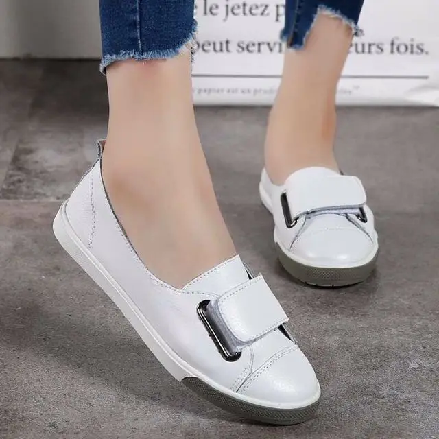 

2021 New Genuine Leather Korean All-match Women's Shoes Flat Student Shoes Shallow Mouth Round Toe Casual Female Sneakers