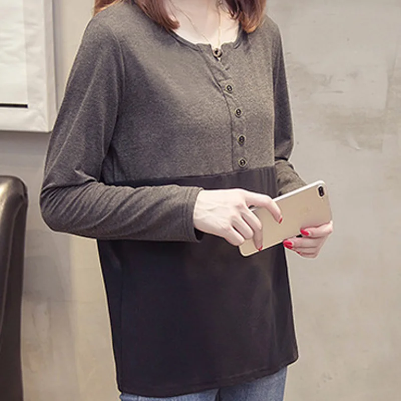 Большие размеры Однотонная футболка с длинным рукавом и круглым вырезом женские