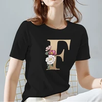 womens t shirt flower and 26 letter pattern series tee classic black all match printed female short sleeve tops ladies clothes