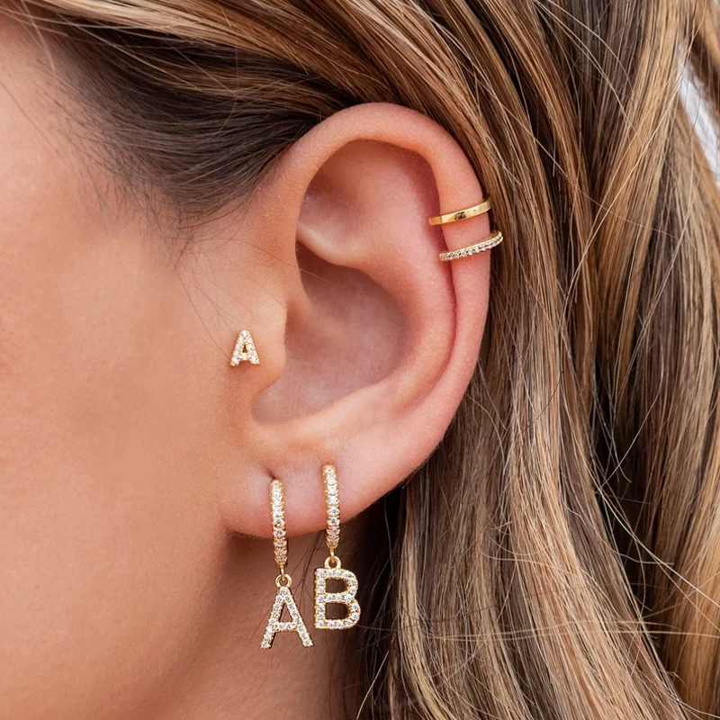 

Gold Initial Earrings, Gift for Her, Dainty Pave Gold Jewelry, Initial Letter Hoop Earring, Personalized Gift Jewelry For Women