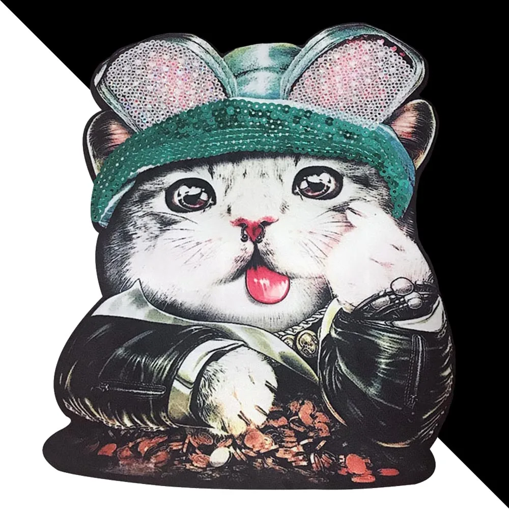 

Cute sequin print handsome cool cat applique applique for clothing sewing DIY fashion coat big craft