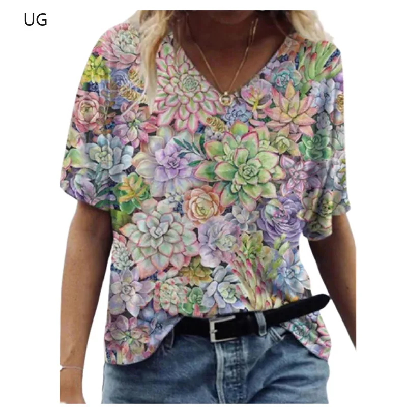 

UG Women 3D Flower Print T Shirt Abstract Top Summer New Fashion Street Casual V-Neck Loose Tee Oversized Ladies Cotton Tops
