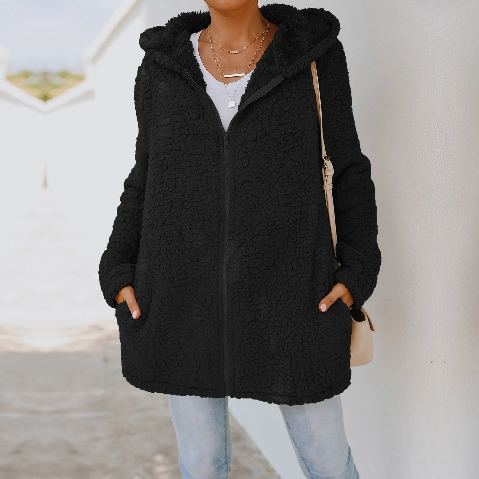 Lamb Wool Jacket High Quality Plush Outwear  Solid Color Casual Hooded Jacket Oversized Female Zipper Coat Winter New Fashion