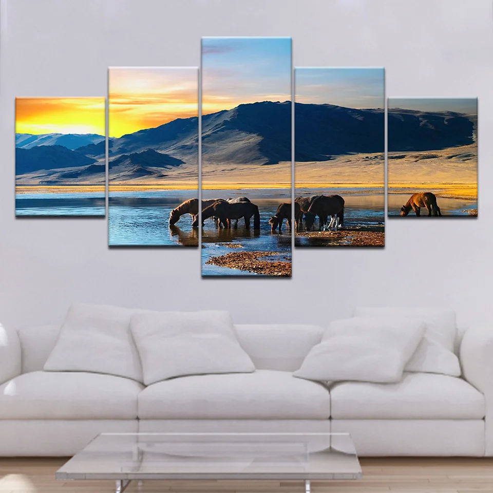Wall Art Картины картина 5 шт. набор лошадь пить воду фотографии печать на холсте для