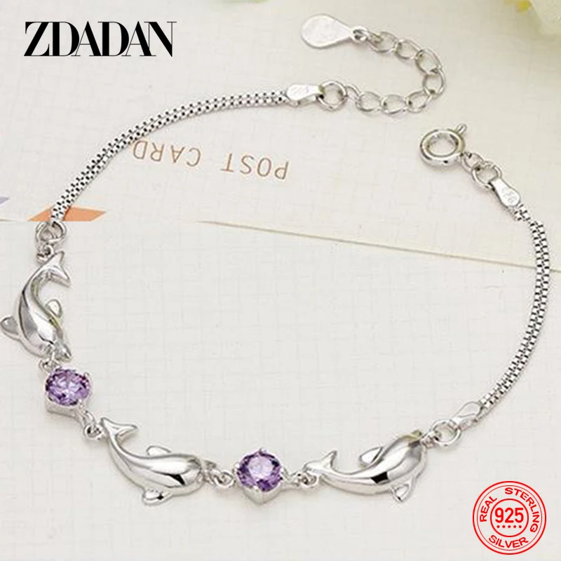 

ZDADAN 925 Sterling Silver Little Dolphin Amethyst Charm Bracelet Chain For Women Fashion Party Jewelry Gift