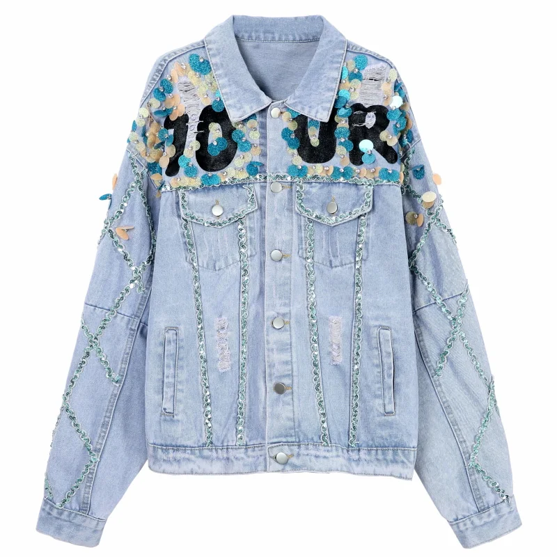 Женская джинсовая куртка Короткая свободная с блестками весна-осень 2021 | одежда