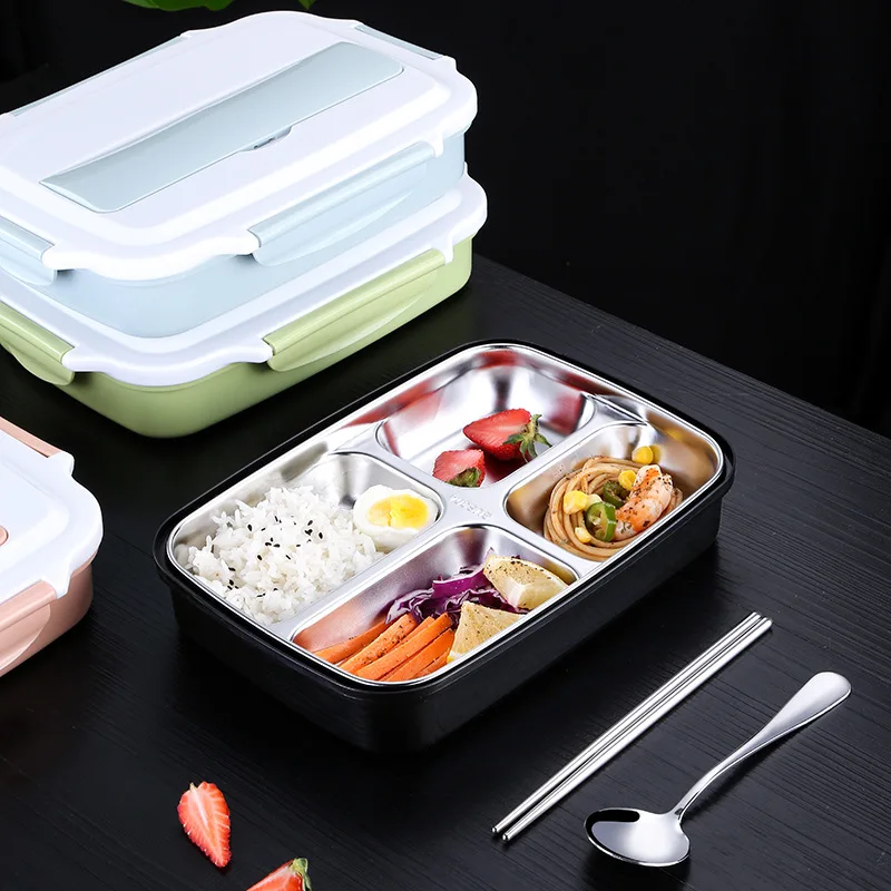 

Bento Box for Adults, Portable lunch box, Leak-Proof Divided Stainless Steel Food Container 3/4 Grid, Include spoon & chopsticks