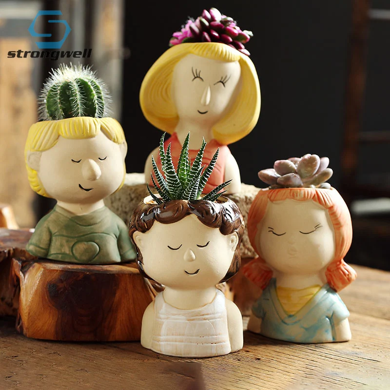 

Strongwell Cartoon Figure Flower Pot Home Garden Decoration Ceramic Planter Retro Handicrafts Succulent Potted Decoration Gifts