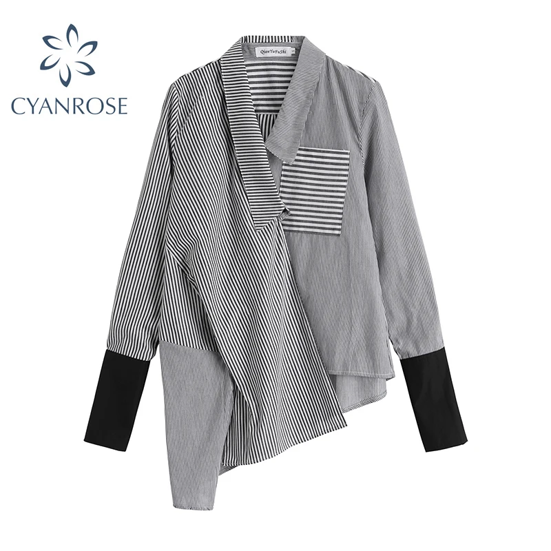 Женская Асимметричная блузка в полоску Повседневная Свободная рубашка большого размера с длинным рукавом