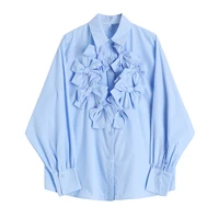 2022 fashion autumn shirts women blue bow hollow out long sleeve blouse casual korean style sweet loose vintage female shirt
