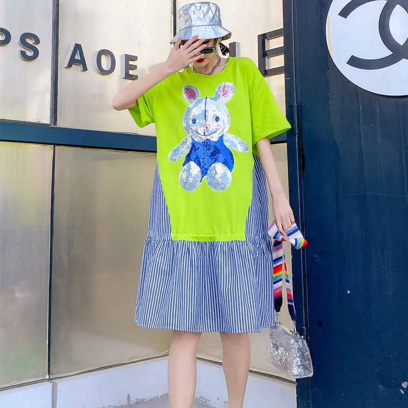 

Летнее модное женское платье свободного покроя, большие размеры, с мультяшными блестками и строчкой, модная зеленая юбка 2022 LL61