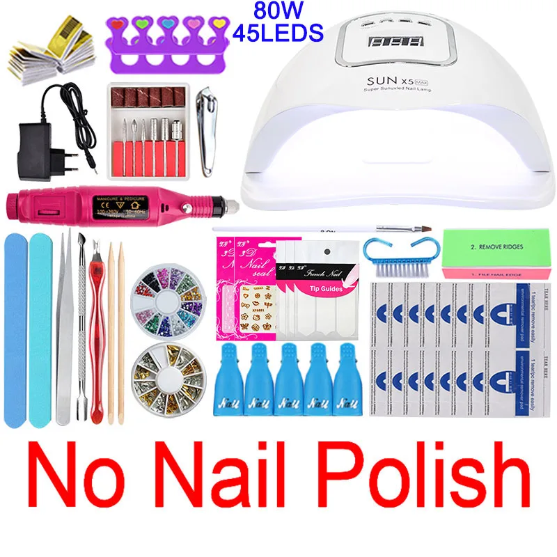 80w lamp no Polish Набор для ногтей 80 54/24 Вт УФ-лампа 18 цветов Гель-лак для ногтей топ-покрытие комплект гель-лаков для ногтей маникюрный набор Электрический Маникюрный Набор - Цвет: 80w lamp no Polish