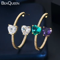 beaqueen brilliant double side big heart cut green purple crystal round circle hoop earrings cubic zirconia women jewelry e400