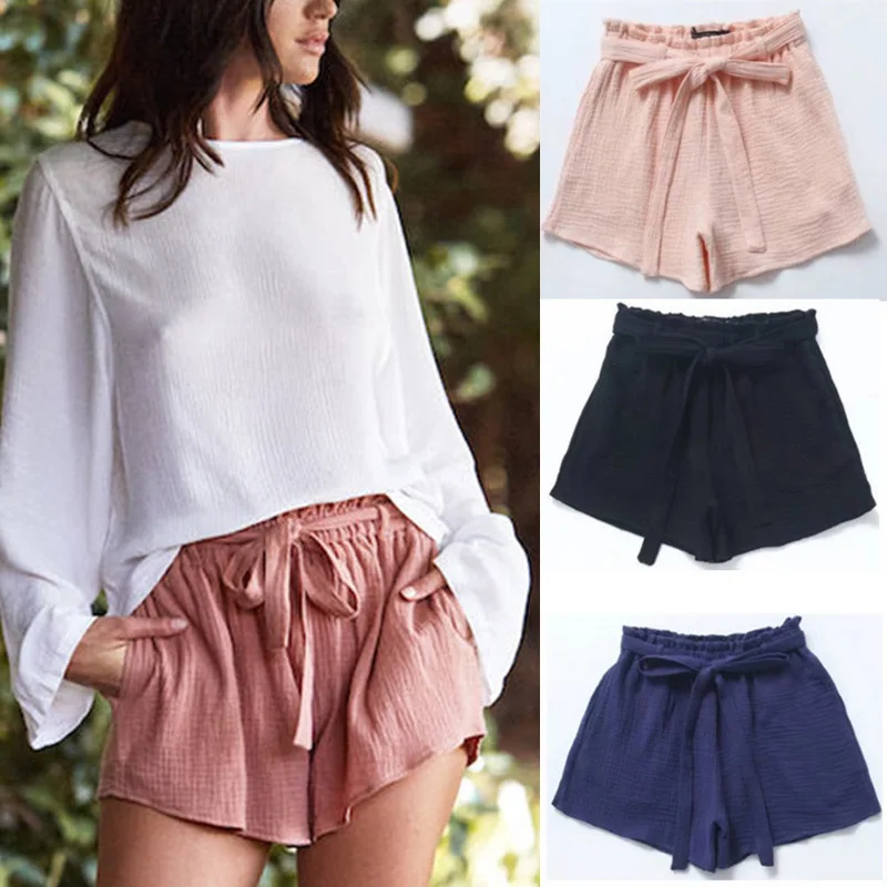 

Весенние новые хлопковые из конопляной ткани с высокой талией на шнуровке и тонком широкие шорты Для женщин Короткие шорты