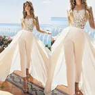 Пляжный комбинезон, свадебные платья со съемным шлейфом, длиной до щиколотки, с аппликацией на шее, верхняя юбка сатиновое свадебное платье