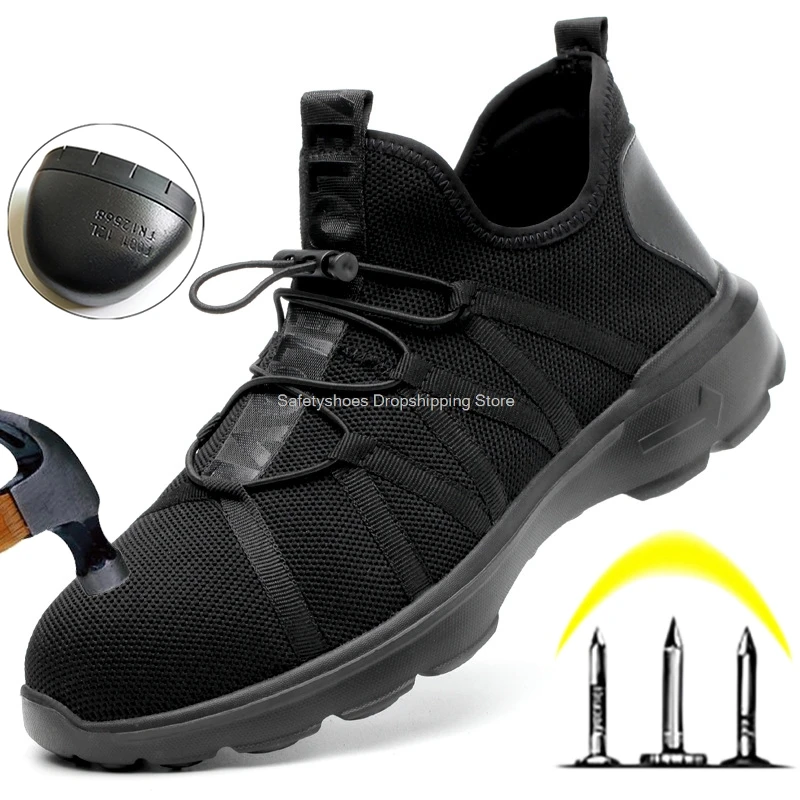 

comfort work safety boots men light breathable black steel toe black safety shoes male industrial work shoes 36-48 dropshipping