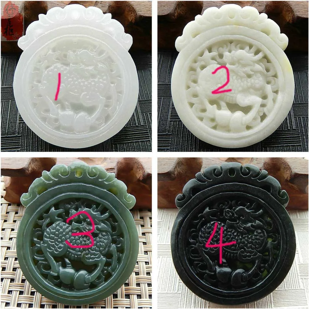 

Natural Afghanistan White Stone Pendant Necklace 3D Handmake Carved Chinese Dragon Kirin Round Men's Jewelry Pendants With Rope