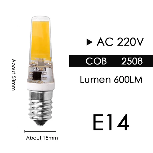 E14 2508 COB 6W 220V Светодиодная лампа G4 G9 E14, лампа с затемнением, COB SMD, AC DC 12 В, 220 В, 3 Вт, 6 Вт, 9 Вт, сменная галогенная лампа, прожектор, люстра, Bombillas - Испускаемый цвет: E14 2508 COB 6W 220V