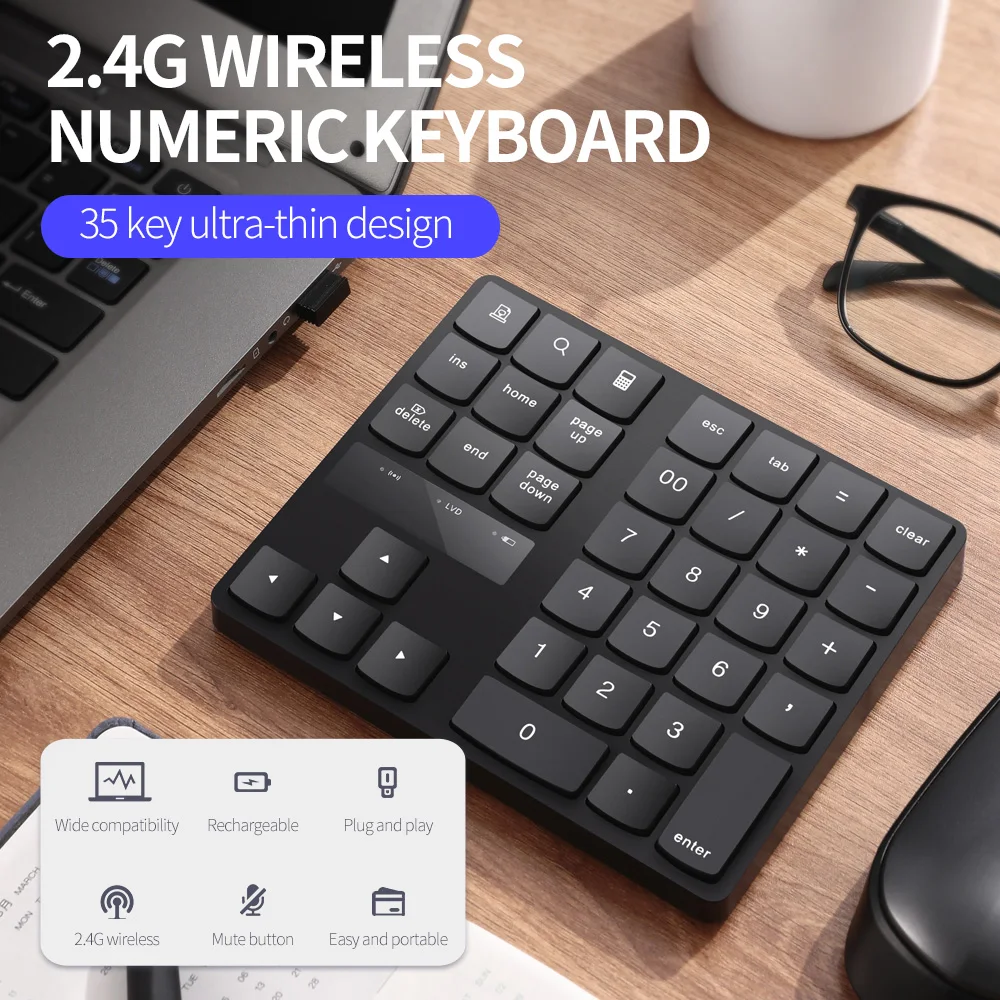 

Wireless Numeric Keyboard Portable Keypad 35 Keys PC Rechargeable Digital 2.4G Keyboard for Accounting Teller/cashier desk/bank