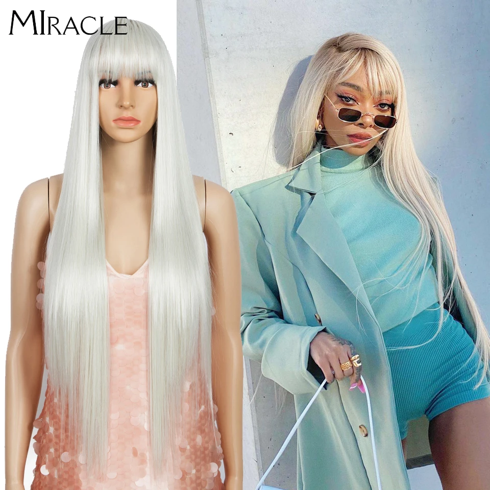 

Miracle Long Straight White Wig for Women Synthetic Wig With Bangs Straight 613 Wigs 32inch Heat Resistant Fiber Cosplay Wigs
