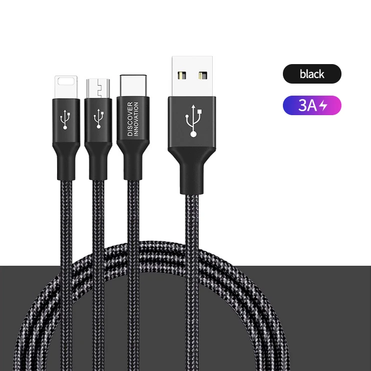 3 in 1 Cable Black 3 Нейлоновый Плетеный Универсальный 3 в 1 usb зарядный кабель адаптер для iOS для iPhone usb type C Micro USB разъем для Xiaomi OnePlus - Цвет: 3 in 1 Cable Black 3