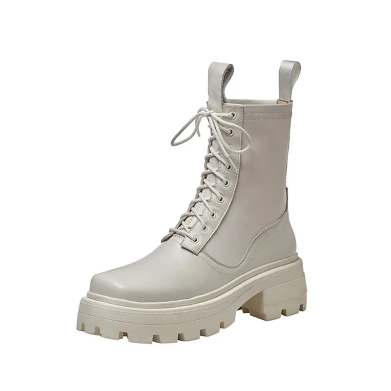 

FOREADA Platform High Heel Woman Boots Real Leather Square Toe Ankle Boots Thick Heel Shoes Lace Up Short Boots Female Beige 39