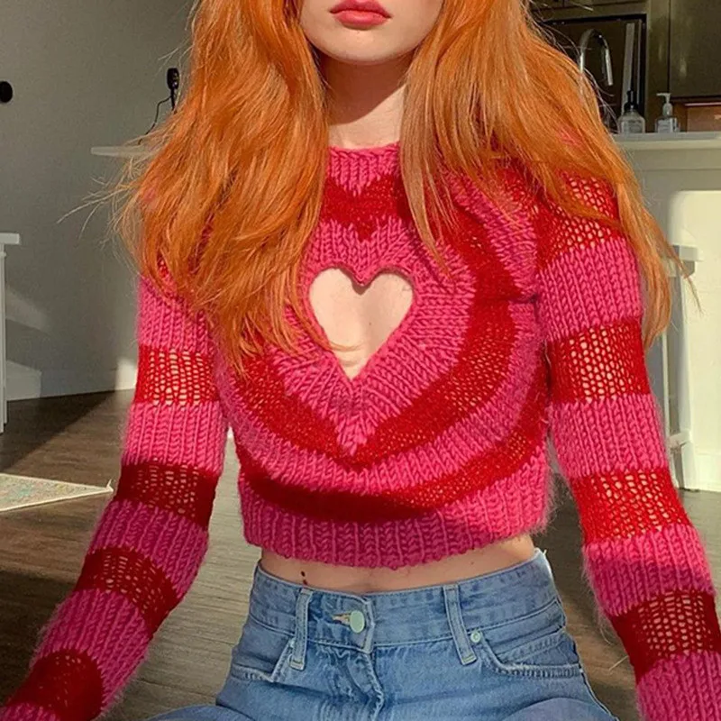 

England Style Love Contrast Print Sweaters for Women Hollow Out Design O-Neck Long Sleeve Autumn Winter Slim Short Knitted Top