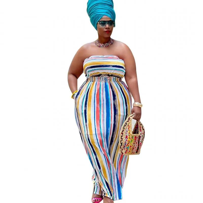 

Plus Size Two Piece Skirts Set Women 4XL Plus Size Strapless Tank Crop Tops Summer Colors Striped Street Style Sexy Skirt Suits