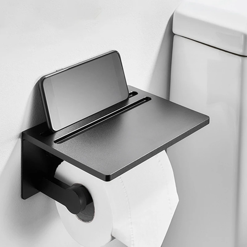 

Toilet Paper Holder with Shelf - Wall Mounted Anti-Rust Aluminum Tissue Roll Holder with Phone Shelf for Modern Bathroom