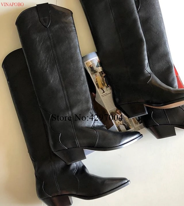 2020 Western boots black Leather knee high boots for women pointed toe winter long boots women chunky heels cowboy knight boots images - 6