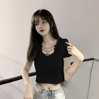 ladies tops and blouses 2019 high waist t shirt female short sleeve solid color korean version of the scheming short navel