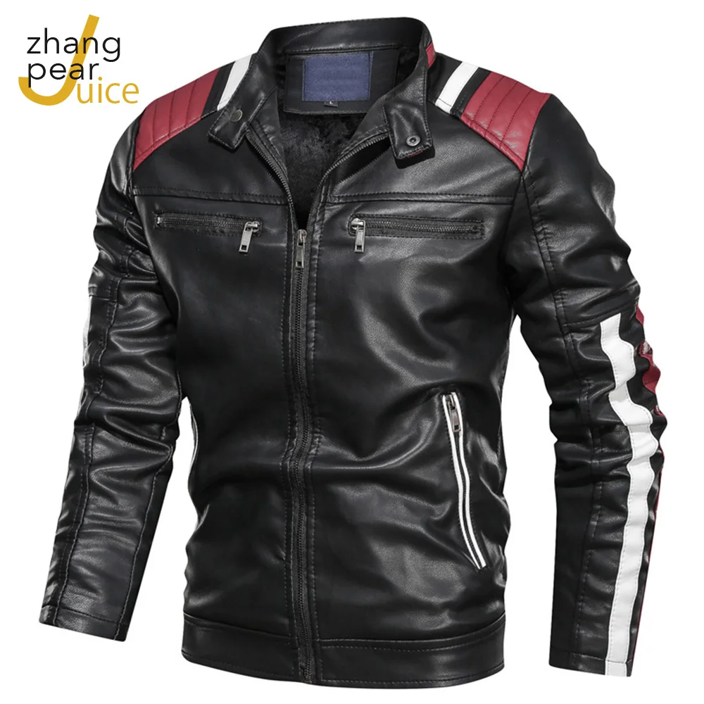 Autumn Mens Patchwork Pocket Leather Jacket Men Motorcycle PU Leather Jacket Stand Collar Zipper Pockets Leather Coats Red White